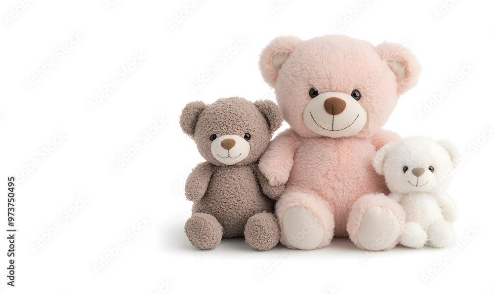 Three teddy bears are sitting together on a white background Three teddy bears are sitting together on a white background