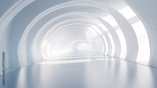 Wallpaper Mural 21. A sleek 3D rendering of an empty white tunnel corridor, featuring a curved frame geometric structure, perfect for a trade show display background Torontodigital.ca