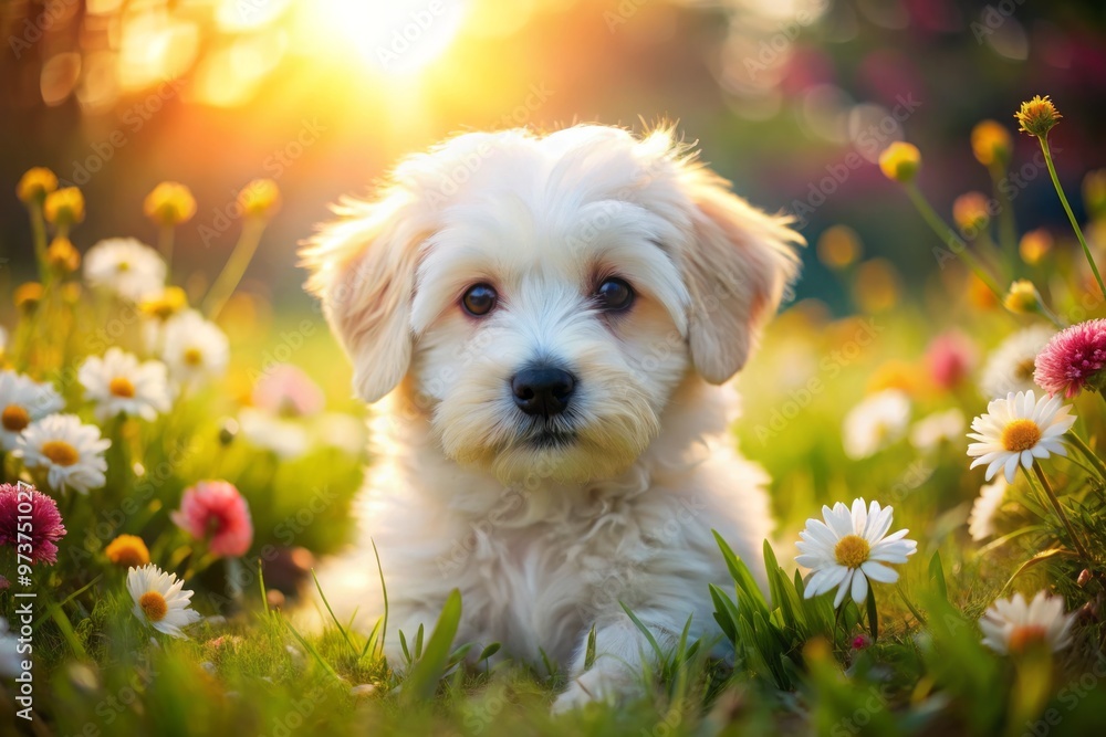 Adorable fluffy white puppy with large brown eyes and pink nose lies on a soft green meadow, surrounded Adorable fluffy white puppy with large brown eyes and pink nose lies on a soft green meadow, surrounded
