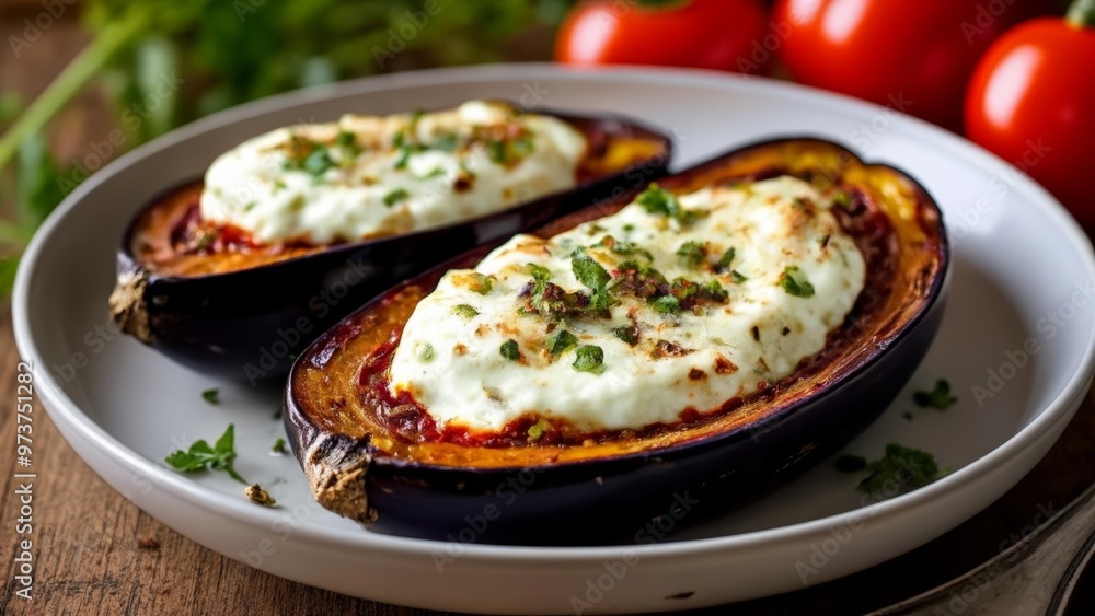 Delicious stuffed eggplant with herbs and cheese ready to be savored Delicious stuffed eggplant with herbs and cheese ready to be savored