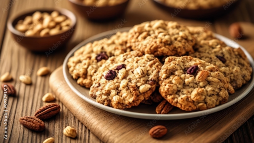Deliciously baked oatmeal cookies with nuts and cranberries Deliciously baked oatmeal cookies with nuts and cranberries