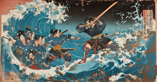 Japanese woodblock print of a samurai fighting