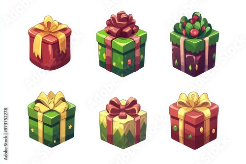 A collection of christmas presents including a vector illustration of a christmas gift box.