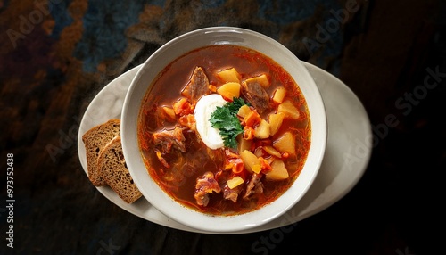 A vibrant bowl of Ukrainian borscht, rich in flavor and garnished with sour cream and dill.