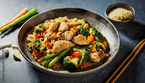 A vibrant dish of tender chicken and fresh vegetables, steaming hot and colorful. Perfectly balanced flavors in a medley that’s healthy, hearty, and satisfying—ideal for any meal.