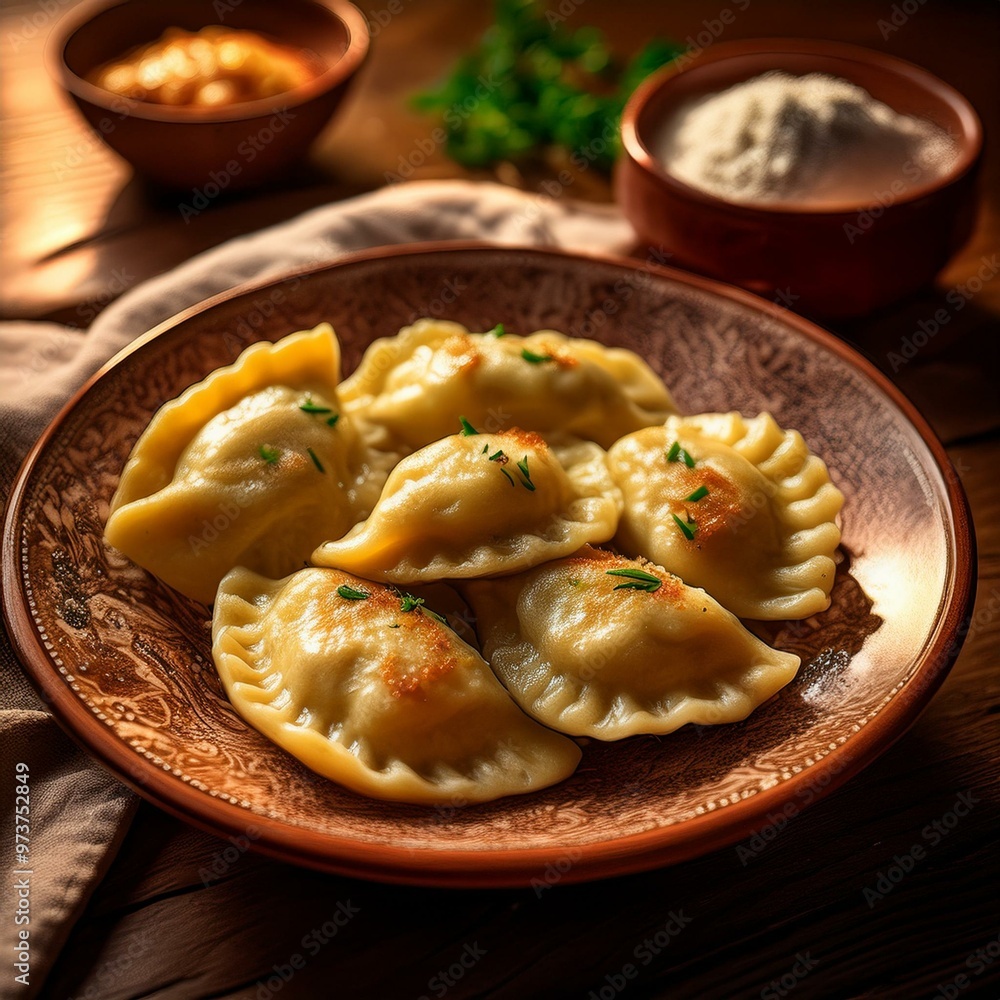On a kitchen table, a colorful ceramic plate holds freshly made, golden pierogi—plump, perfectly shaped dumplings with savory fillings, creating a warm, inviting scene of homemade comfort food. On a kitchen table, a colorful ceramic plate holds freshly made, golden pierogi—plump, perfectly shaped dumplings with savory fillings, creating a warm, inviting scene of homemade comfort food.