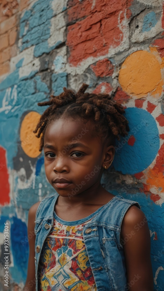 A young girl with dreadlocks stands in front of a colorful wall A young girl with dreadlocks stands in front of a colorful wall