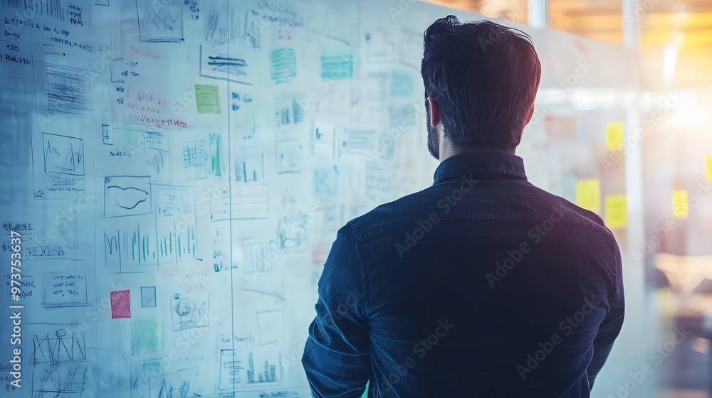 A Man Contemplating Hand-Drawn Charts and Diagrams on a Whiteboard A Man Contemplating Hand-Drawn Charts and Diagrams on a Whiteboard