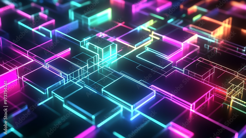 Digital metadata cubes and binary related designs, neon light fractal abstract technological background Digital metadata cubes and binary related designs, neon light fractal abstract technological background