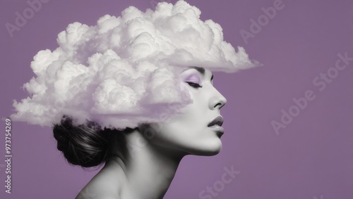 A woman's face is shown with a cloud on her head