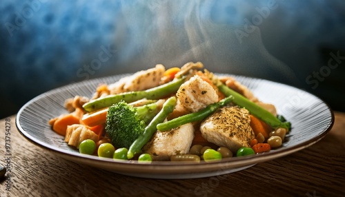 A vibrant dish of tender chicken and fresh vegetables, steaming hot and colorful. Perfectly balanced flavors in a medley that’s healthy, hearty, and satisfying—ideal for any meal.