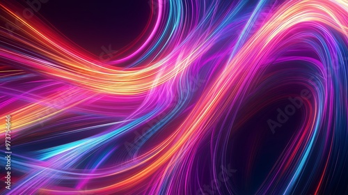 Trails of colorful neon light rays on black background, motion over ways in a digital design, abstract technology and creativity related fractal illustration