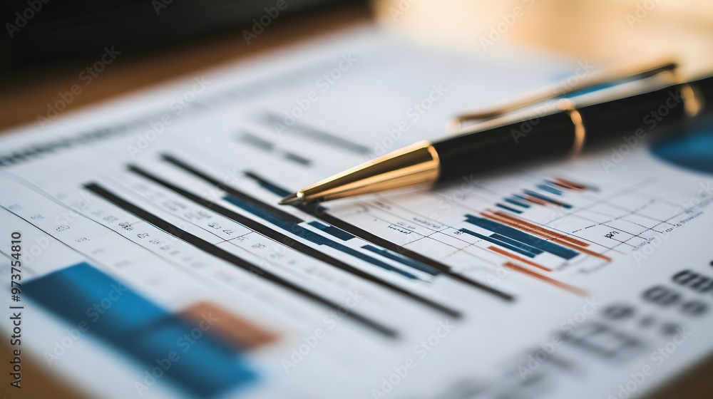 A gold pen resting on a sheet of paper with a graph and financial data A gold pen resting on a sheet of paper with a graph and financial data