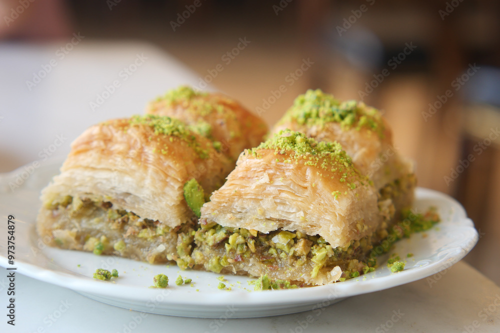 Indulge in a plate of delicious Baklava filled with Pistachios that is simply irresistible Indulge in a plate of delicious Baklava filled with Pistachios that is simply irresistible