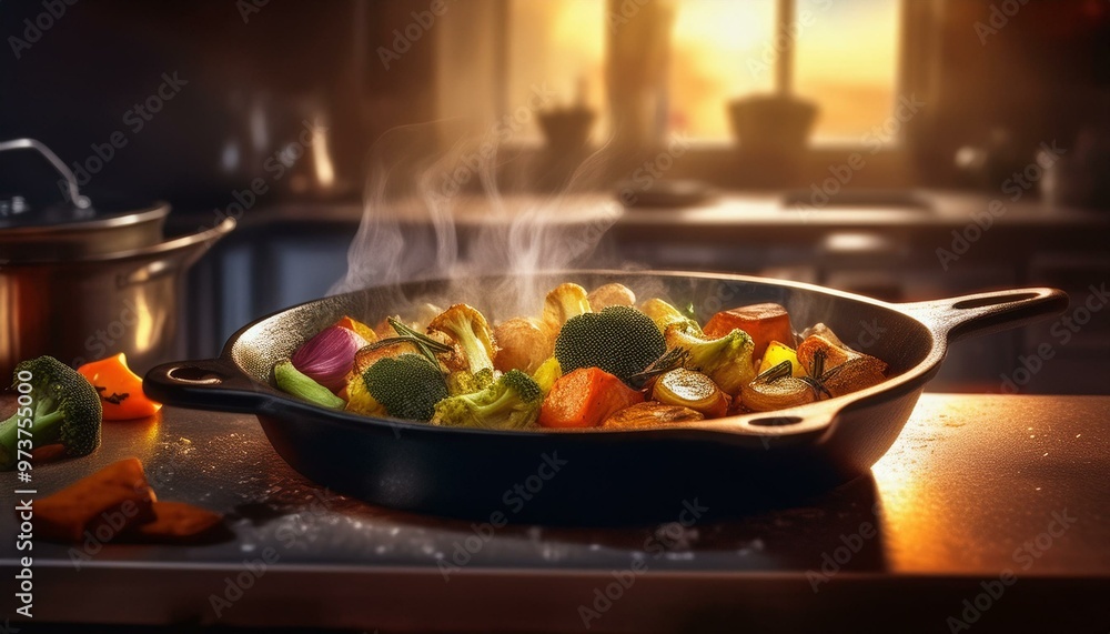 A steaming hot stir-fry dish sits invitingly in a cozy, rustic kitchen. A steaming hot stir-fry dish sits invitingly in a cozy, rustic kitchen.