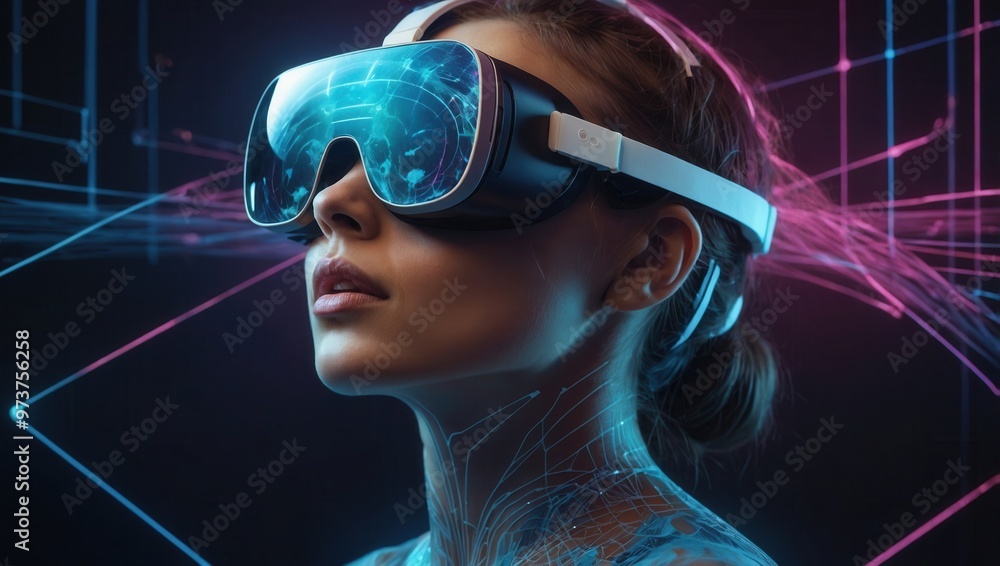 A woman wearing a virtual reality headset is looking at a colorful background A woman wearing a virtual reality headset is looking at a colorful background