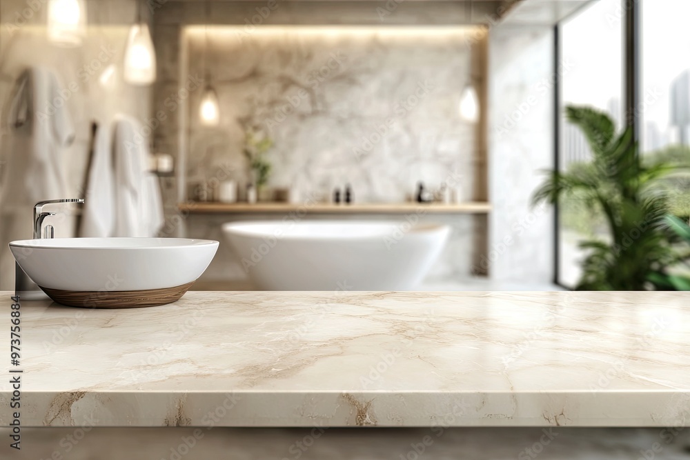 Empty marble top table with blurred bathroom interior Background. for product display , ai Empty marble top table with blurred bathroom interior Background. for product display , ai