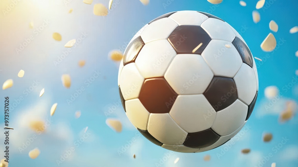 Fototapeta premium Soccer Ball Flying Through Air With Confetti Sports Illustration