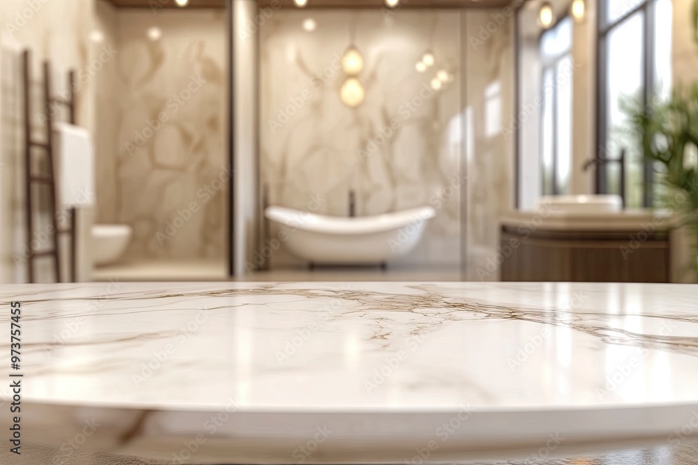 Empty marble top table with blurred bathroom interior Background. for product display , ai Empty marble top table with blurred bathroom interior Background. for product display , ai
