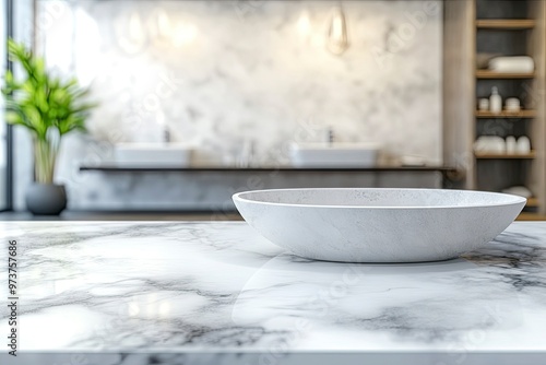 Empty marble top table with blurred bathroom interior Background. for product display , ai