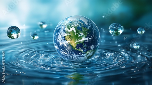 Minimal planet earth sphere covered in water, concept of environment, energy, water resources importance and ESG