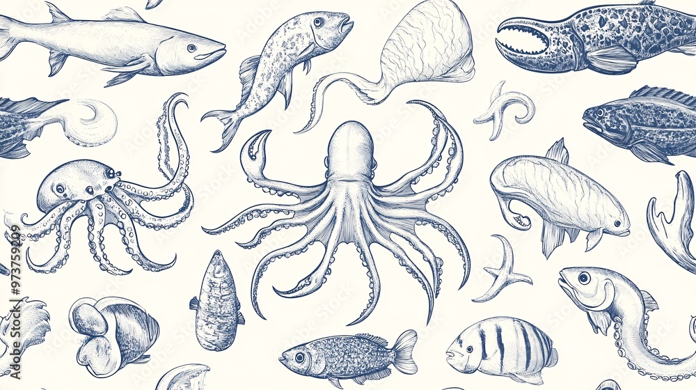 Obraz premium 92. Hand drawn seafood elements including fish, crabs, and octopus, arranged in a seamless vector background, highlighting the intricacies of marine life