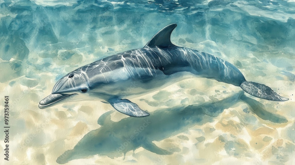 Fototapeta premium Watercolor illustration of a dolphin, painted with soft pastel hues, gracefully gliding through crystal-clear waters.