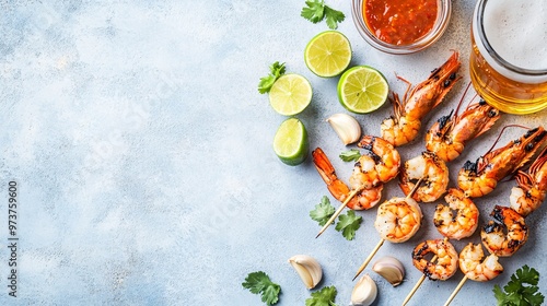 Wallpaper Mural 96. Top view of grilled shrimp skewers and langoustines served with lime wedges, garlic cloves, and dipping sauce, set on a light blue concrete background with space for text, accompanied by a cold Torontodigital.ca