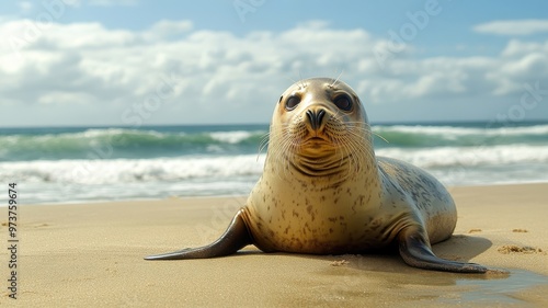 Seal basking on a sunny beach, surrounded by sand and gentle waves, with the ocean stretching into the horizon.