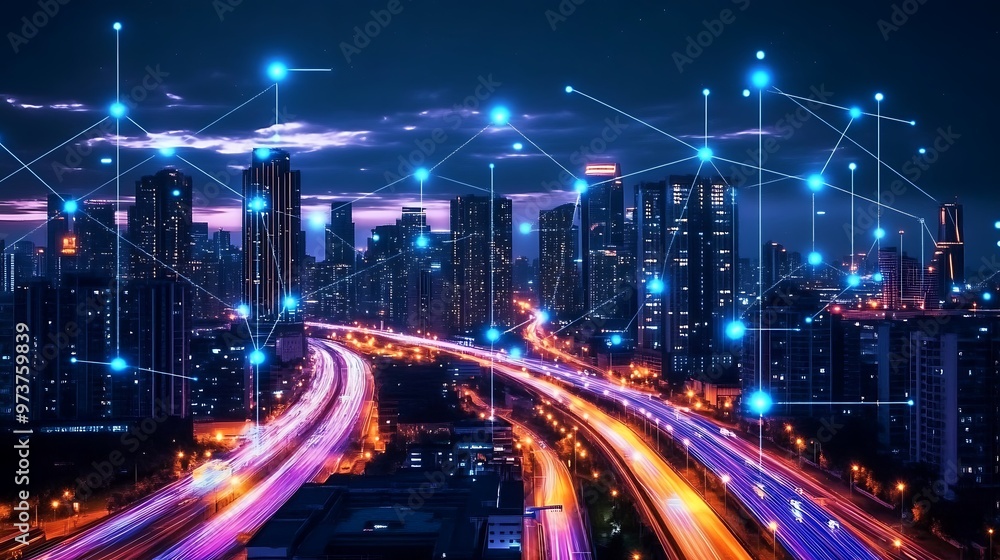 Aerial view of a mega city in the evening with tall skyscrapers, whole downtown connected with digital nodes floating on air Aerial view of a mega city in the evening with tall skyscrapers, whole downtown connected with digital nodes floating on air