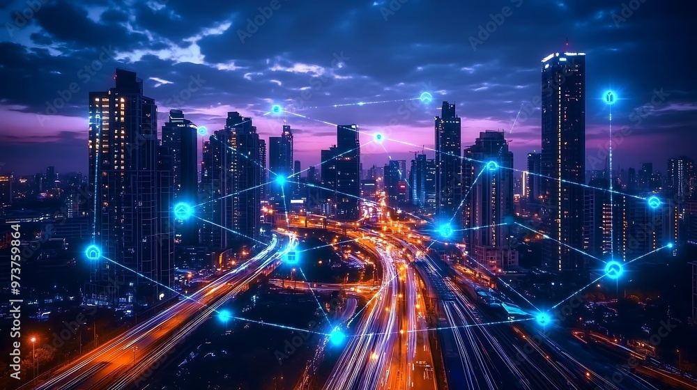 Aerial view of a mega city in the evening with tall skyscrapers, whole downtown connected with digital nodes floating on air Aerial view of a mega city in the evening with tall skyscrapers, whole downtown connected with digital nodes floating on air