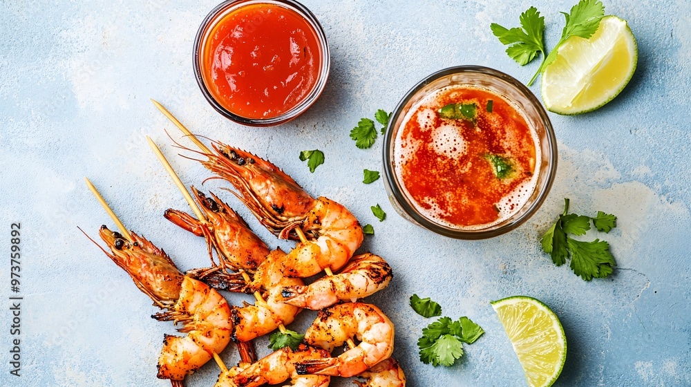 99. Grilled shrimp and langoustine skewers presented with lime, garlic, and dipping sauce on a light blue concrete background, top view, complete with a glass of beer 99. Grilled shrimp and langoustine skewers presented with lime, garlic, and dipping sauce on a light blue concrete background, top view, complete with a glass of beer