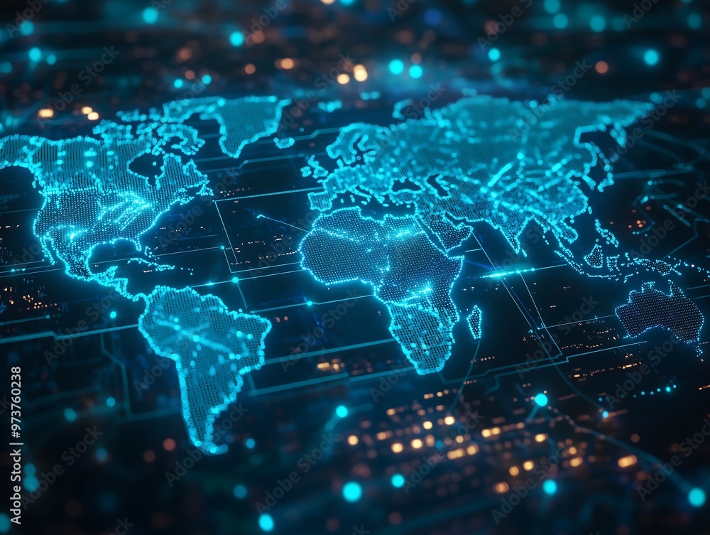 Digital map of the world, dark blue themed illustration of planets earth continents and oceans on a single map, countries connected with data nodes Digital map of the world, dark blue themed illustration of planets earth continents and oceans on a single map, countries connected with data nodes