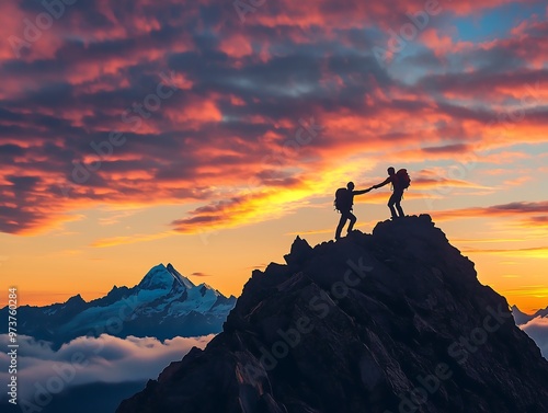 Two climbers climbing up the mountain, one on the top helping the other one to reach the mountain peak faster and easier, teamwork concept photo