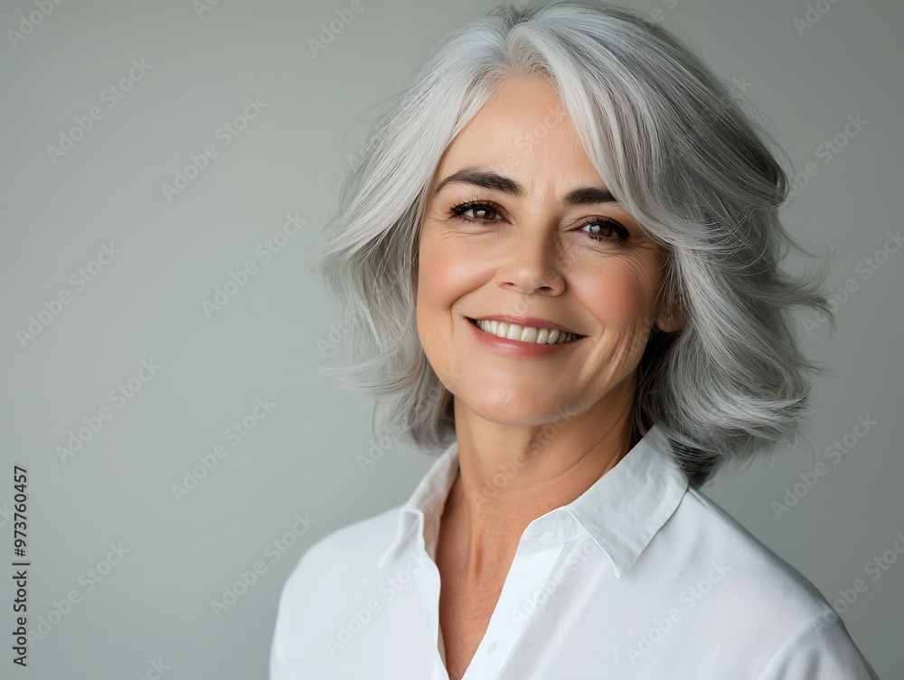 Middle age woman with white hairs happily smiling, wearing white shirt against gray background Middle age woman with white hairs happily smiling, wearing white shirt against gray background