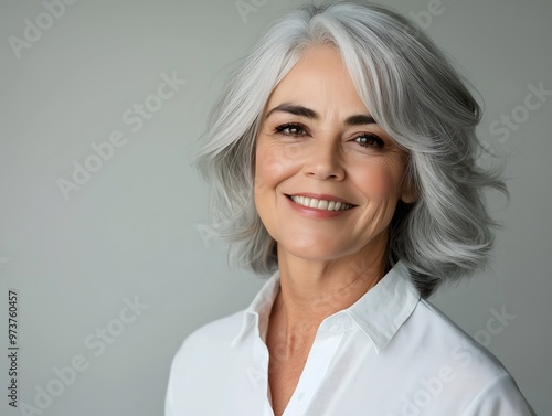 Middle age woman with white hairs happily smiling, wearing white shirt against gray background