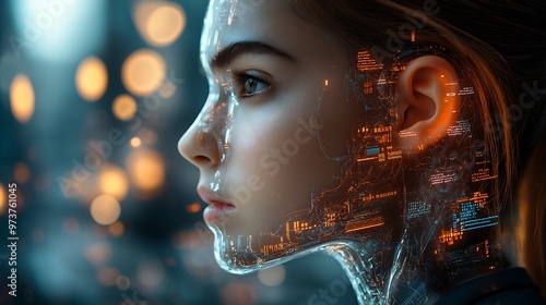 Cyborg side face view, data and digital nodes on her face represents technology and AI growth