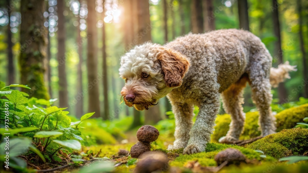 Adorable Lagotto Romagnolo breed canine sniffs and digs in lush forest underbrush, naturally detecting prized Adorable Lagotto Romagnolo breed canine sniffs and digs in lush forest underbrush, naturally detecting prized