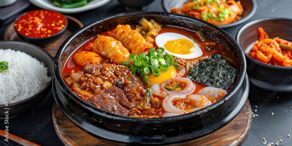 Spicy Stew with Processed Meat and Seafood Accompanied by Stir-Fried Vegetables, Egg Roll, and Served on Rice with Herb Leaves and Seaweed Spicy Stew with Processed Meat and Seafood Accompanied by Stir-Fried Vegetables, Egg Roll, and Served on Rice with Herb Leaves and Seaweed