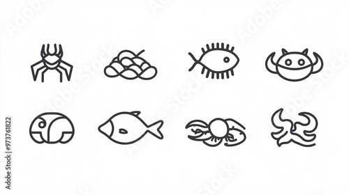 119. An assortment of line icons depicting different seafood items, such as fish, shrimp, crab, and octopus, all designed with a focus on clean lines and simplicity