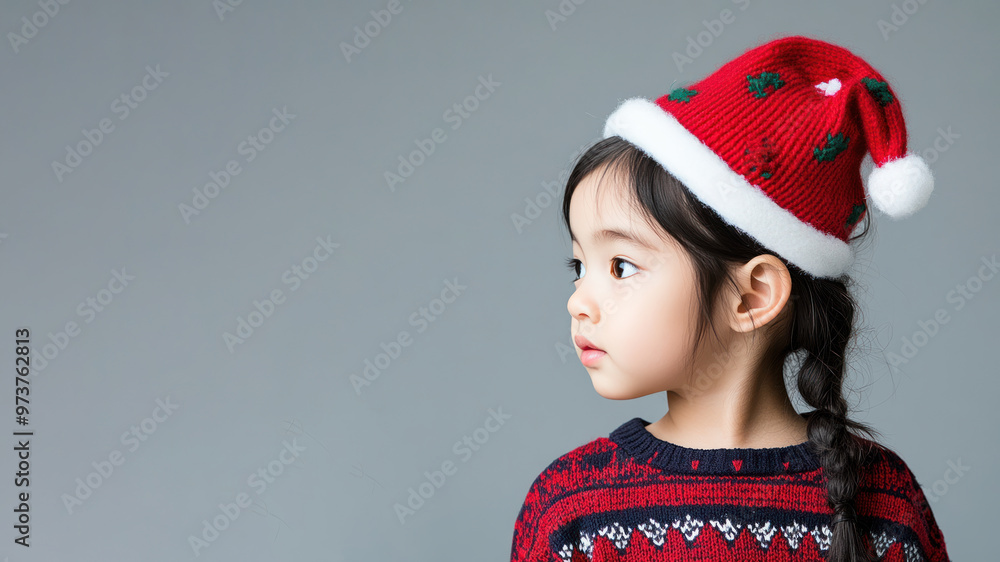 Korean little girl in christmas wear with red santa claus hat isolated Korean little girl in christmas wear with red santa claus hat isolated