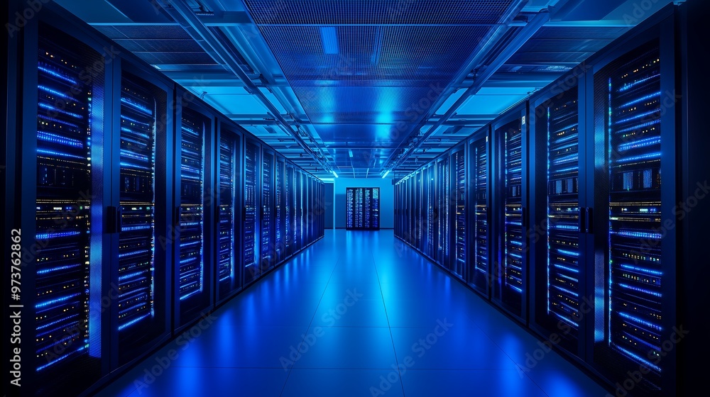 Data center full of mega computers and processor machines, hallway corridor with blue lights center of information and internet connection setting Data center full of mega computers and processor machines, hallway corridor with blue lights center of information and internet connection setting