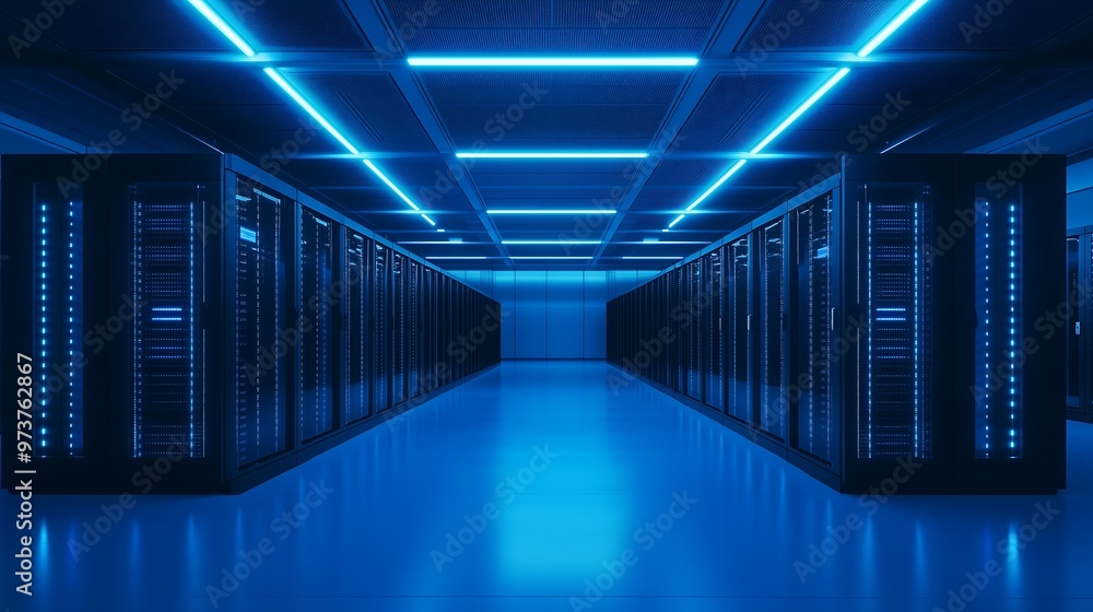 Data center full of mega computers and processor machines, hallway corridor with blue lights center of information and internet connection setting Data center full of mega computers and processor machines, hallway corridor with blue lights center of information and internet connection setting