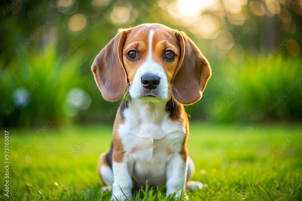 Adorable miniature beagle dog with floppy ears and big brown eyes sitting on a green grass lawn, looking Adorable miniature beagle dog with floppy ears and big brown eyes sitting on a green grass lawn, looking