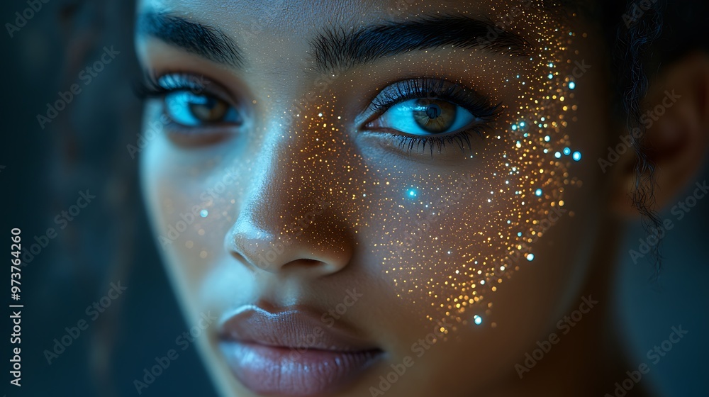 Close-up portrait of a person with glitter on their face. Close-up portrait of a person with glitter on their face.