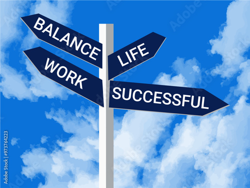 Life, Work, Balance and Successful with arrows, a metal signpost sky with clouds. Signpost shows career and leisure.