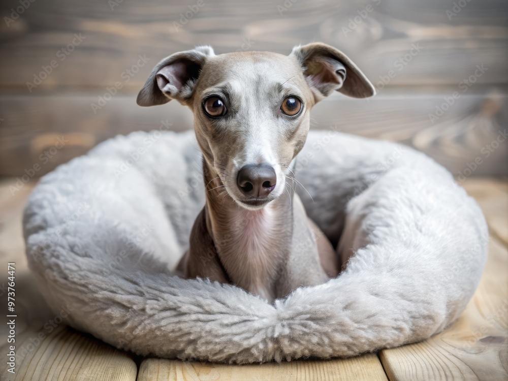 Adorable miniature greyhound with big brown eyes and soft grey coat curled up on a cozy cushion, showcasing Adorable miniature greyhound with big brown eyes and soft grey coat curled up on a cozy cushion, showcasing
