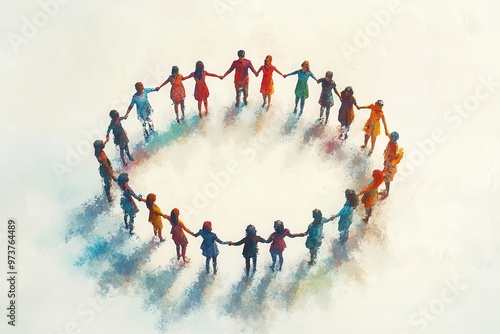 A colorful illustration of people holding hands in a circle, symbolizing unity, togetherness, and community on a light background.