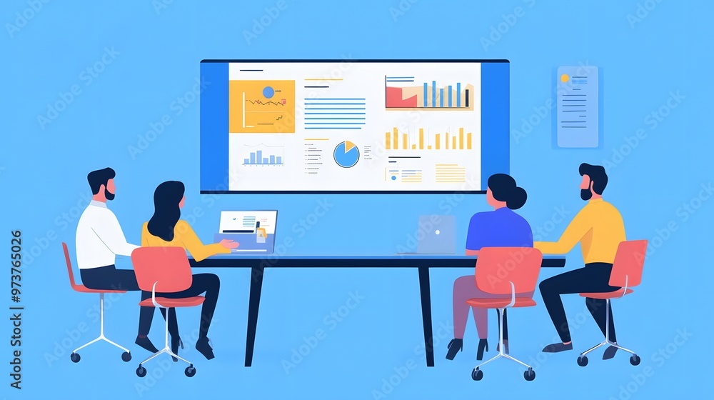 Four People in a Meeting Analyzing Data on a Large Screen Four People in a Meeting Analyzing Data on a Large Screen