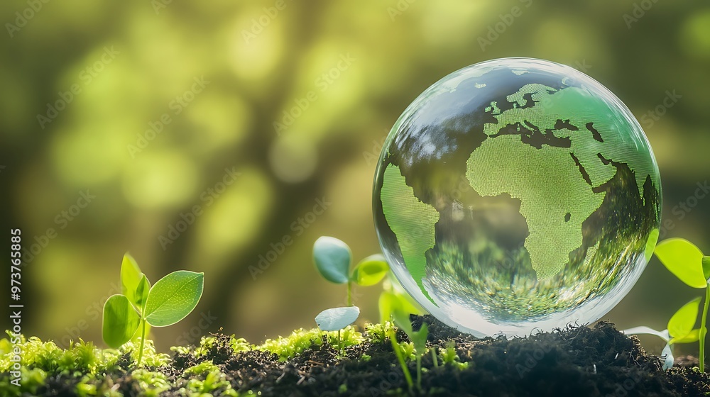 An sphere shaped glass symbolized as planet earth surrounded in green forest full of trees and plants, ESG, environment and clean earth concept An sphere shaped glass symbolized as planet earth surrounded in green forest full of trees and plants, ESG, environment and clean earth concept